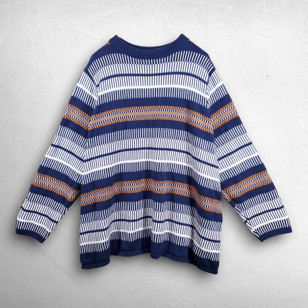 Ulla Popken PURE Striped Crewneck Sweater Women 28/30 Blue Brown Coastal Artsy